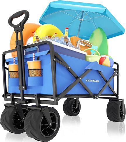EchoSmile Heavy Duty 350 Lbs Capacity Collapsible Wagon, Outdoor Folding Camping Grocery Portable Utility Cart, Adjustable Rolling Carts, All Terrain Sports Wagon with Big Wheels (Black) in Saudi Arabia