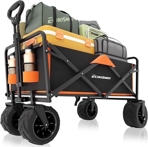 EchoSmile Heavy Duty 350 Lbs Capacity Collapsible Wagon, Outdoor Folding Camping Grocery Portable Utility Cart, Adjustable Rolling Carts, All Terrain Sports Wagon with Big Wheels (Black) in Saudi Arabia