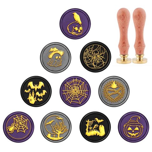 CRASPIRE 12Pcs/Box Halloween Wax Seal Stamp Set Vintage Sealing Wax Stamps 25mm Retro Removable Brass Stamp Heads with 2pcs Wood Handle for Wedding Invitations Envelope(Skull Pumpkin Bats Ghost) in Kuwait