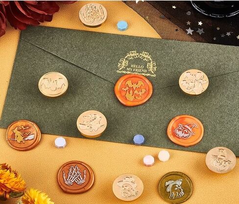 CRASPIRE 12Pcs/Box Halloween Wax Seal Stamp Set Vintage Sealing Wax Stamps 25mm Retro Removable Brass Stamp Heads with 2pcs Wood Handle for Wedding Invitations Envelope(Skull Pumpkin Bats Ghost) in Kuwait