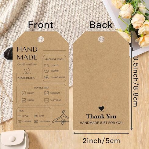 50Pcs Kraft Brown Handmade Care Tags, Vintage Style Washing Instruction Hang Tag Cards for Knitted Blanket, Clothing, Shirt & DIY Crafts,2x3.5Inch in Kuwait