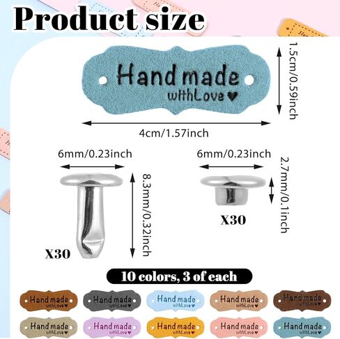 30Pcs Custom Handmade Leather Labels Handmade Tag for Crochets Colorful Sewing Labels with Love Hearts Leather Tags for Handmades Items Embellishment Knit Accessories with 30 Rivets in Saudi Arabia