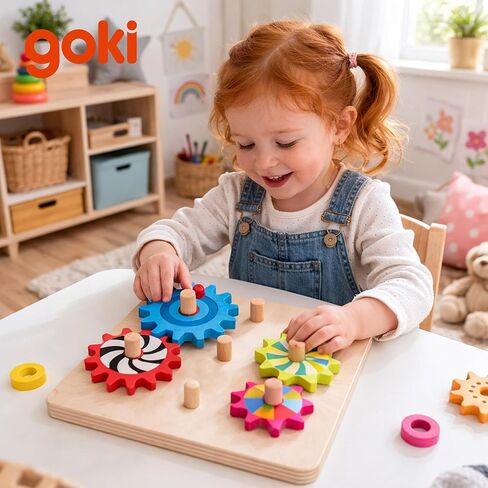 Goki Wooden Spinning Gears 8-Piece Montessori Educational Toys for 3 Years STEM السبب والنتيجة مجموعة بناء للمهارات الحركية الدقيقة والتفكير المنطقي I ألعاب حسية للأطفال الصغار I هدايا لـ 3+ in Kuwait