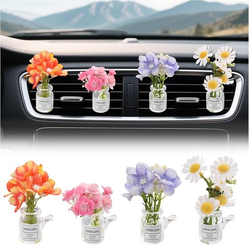 4 Pack Cute Flowers Car Vent Clips,Daisies & Trumpet Flowers Air Vent Clips Car Accessories for Cars Decorations,Universal Cars Clip for Vents Interior Accessories as Gifts for Women in Kuwait