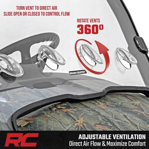 Rough Country Vented Full Windshield for John Deere Gator XUV 825 / XUV 855 – Scratch-Resistant Polycarbonate, 4 Adjustable Vents, Strap-On Install, Made in USA in Kuwait