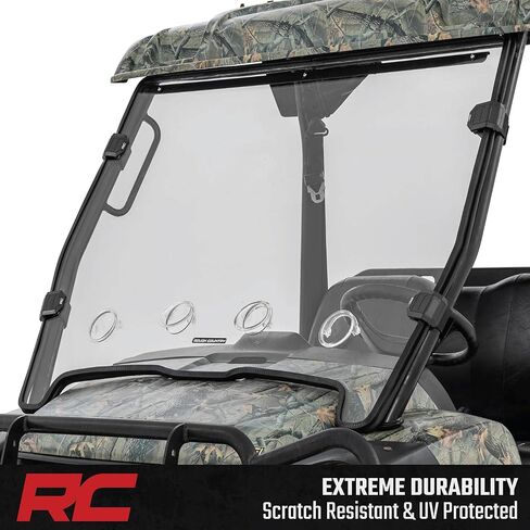 Rough Country Vented Full Windshield for John Deere Gator XUV 825 / XUV 855 – Scratch-Resistant Polycarbonate, 4 Adjustable Vents, Strap-On Install, Made in USA in Kuwait