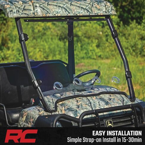 Rough Country Vented Full Windshield for John Deere Gator XUV 825 / XUV 855 – Scratch-Resistant Polycarbonate, 4 Adjustable Vents, Strap-On Install, Made in USA in Kuwait