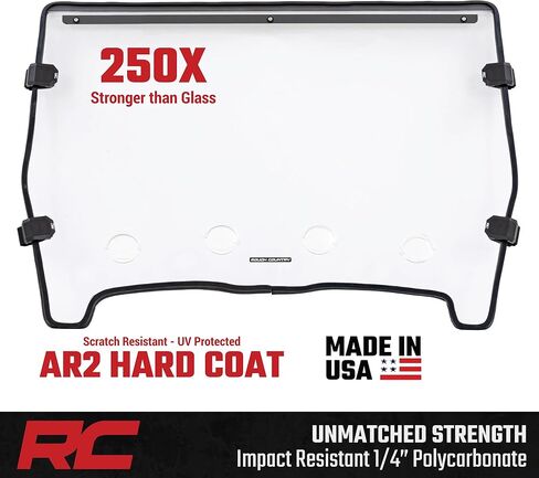 Rough Country Vented Full Windshield for John Deere Gator XUV 825 / XUV 855 – Scratch-Resistant Polycarbonate, 4 Adjustable Vents, Strap-On Install, Made in USA in Kuwait