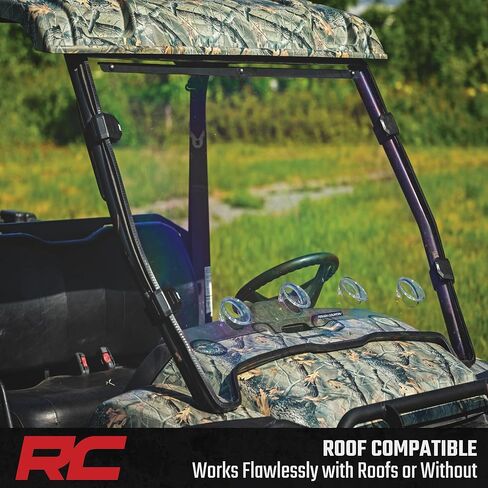 Rough Country Vented Full Windshield for John Deere Gator XUV 825 / XUV 855 – Scratch-Resistant Polycarbonate, 4 Adjustable Vents, Strap-On Install, Made in USA in Kuwait