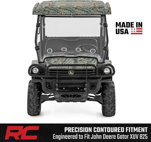 Rough Country Vented Full Windshield for John Deere Gator XUV 825 / XUV 855 – Scratch-Resistant Polycarbonate, 4 Adjustable Vents, Strap-On Install, Made in USA in Kuwait