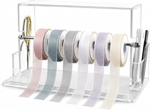 Ribbon Storage Rack - Acrylic Ribbon Spool Holder Organizer with Scissor & Tool Storage| - Ideal for Craft Room & Studios, Gift Wrapping Stations, Small Craft Shops and Boutiques - Clear in Saudi Arabia