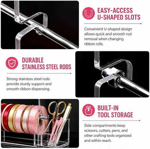 Ribbon Storage Rack - Acrylic Ribbon Spool Holder Organizer with Scissor & Tool Storage| - Ideal for Craft Room & Studios, Gift Wrapping Stations, Small Craft Shops and Boutiques - Clear in Saudi Arabia