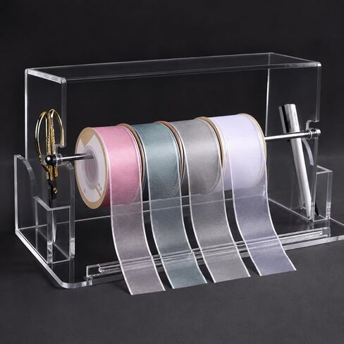 Ribbon Storage Rack - Acrylic Ribbon Spool Holder Organizer with Scissor & Tool Storage| - Ideal for Craft Room & Studios, Gift Wrapping Stations, Small Craft Shops and Boutiques - Clear in Saudi Arabia