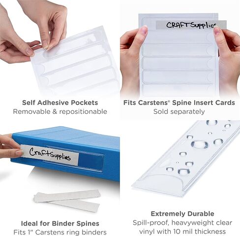 Carstens - 60 Pack, Clear Binder Spine Insert Adhesive Pockets, 1 x 5 Inch Heavy Duty Vinyl (8380-0010) - Ideal for 1 Inch Ring Binder Spines and Medical Charts in Saudi Arabia