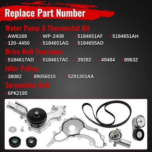 AW6169 مجموعة ترموستات مضخة المياه حزام الموتر لـ J-eep Grand Cherokee 3.6 2011-2015، لـ Ram 1500 3.6L 2013-2018، لـ Chrysler 200 300 2011-2014، Journey Charger 2011-2018، Avengers Durango 11-14 38082 in Kuwait