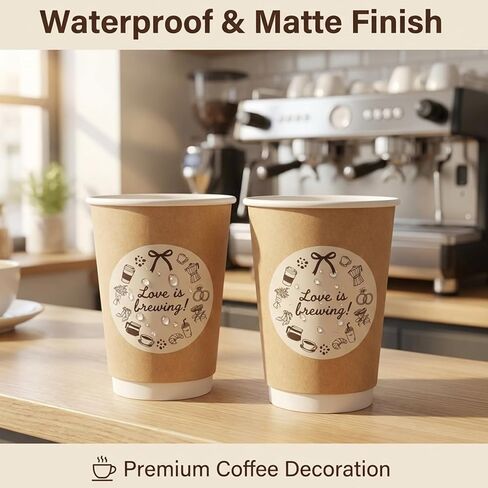 Whaline 100Pcs Love is Brewing Cup Stickers Beige Brown Coffee Theme Self-Adhesive Decals Waterproof Plastic Cup Labels for Bridal Shower Wedding Party Favors in Kuwait