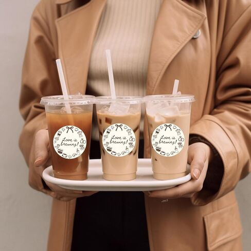 Whaline 100Pcs Love is Brewing Cup Stickers Beige Brown Coffee Theme Self-Adhesive Decals Waterproof Plastic Cup Labels for Bridal Shower Wedding Party Favors in Kuwait