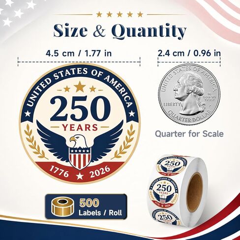 500 Pcs/Roll 1.77" Round Patriotic 250th Anniversary Stickers, Vintage Waterproof 4th of July USA Decals, Retro American Flag Labels for Gifts, Envelopes, Party Decor in Kuwait