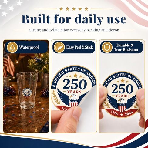 500 Pcs/Roll 1.77" Round Patriotic 250th Anniversary Stickers, Vintage Waterproof 4th of July USA Decals, Retro American Flag Labels for Gifts, Envelopes, Party Decor in Kuwait
