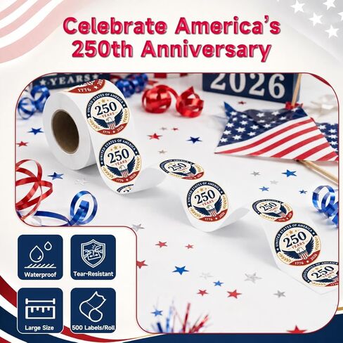 500 Pcs/Roll 1.77" Round Patriotic 250th Anniversary Stickers, Vintage Waterproof 4th of July USA Decals, Retro American Flag Labels for Gifts, Envelopes, Party Decor in Kuwait