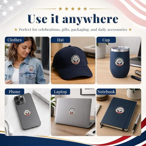 500 Pcs/Roll 1.77" Round Patriotic 250th Anniversary Stickers, Vintage Waterproof 4th of July USA Decals, Retro American Flag Labels for Gifts, Envelopes, Party Decor in Kuwait