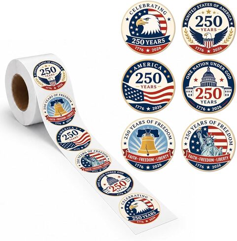 500 Pcs/Roll 1.77" Round Patriotic 250th Anniversary Stickers, Vintage Waterproof 4th of July USA Decals, Retro American Flag Labels for Gifts, Envelopes, Party Decor in Kuwait