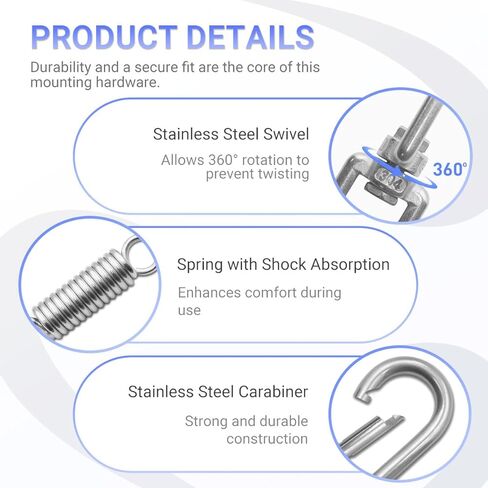 Hammock Chair Hanging Kit with Spring Hardware, Heavy Duty Suspension Swivel Hanger Hook for Porch Swing, Hanging Chair, Punching Bag, Indoor Outdoor Use in Saudi Arabia