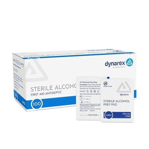 وسادات تحضير الكحول من Dynarex، وسادات تحضيرية من الدرجة الطبية وغير المنسوجة، مشبعة بنسبة 70% من كحول الأيزوبروبيل، مناديل مطهرة سريعة المفعول، طبقة واحدة، كبيرة، علبة واحدة مكونة من 100 وسادة تحضير كحول in Saudi Arabia