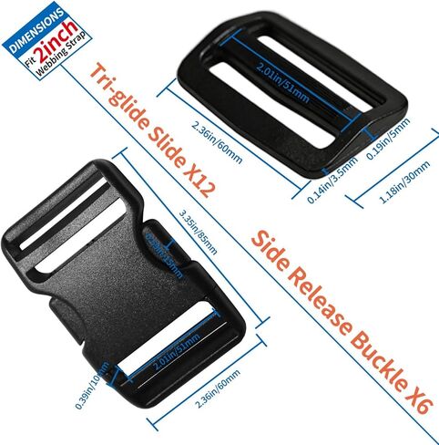 2" Heavy-Duty Buckle & Straps Set: 11 Yards Nylon Webbing 2in Wide+6-Pack Side Release Plastic Buckles+12 Pcs Tri-Glide Slide Clips, Black Stylish Plastic Buckles for Strips 2 inch Set in Saudi Arabia