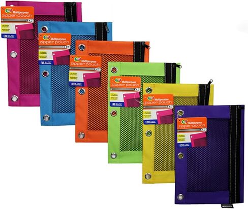 BAZIC Pencil Pouch 3 Ring Binder Pouch w/Rivet Enforced Rings Holes, Mesh Window, Bright Assorted Color Zipper Pouches Case, 24-Pack in Saudi Arabia