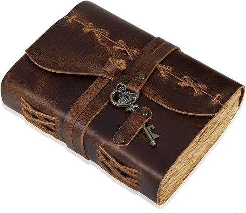 Vintage Leather Bound Journal - Cappuccuno Brown, 7"X5", 200 Deckle Edges Pages for Men & Women, for Writing, Drawing, Travel Diary, Sketchbook – Vintage Key Closure - Book of Shadows in Kuwait