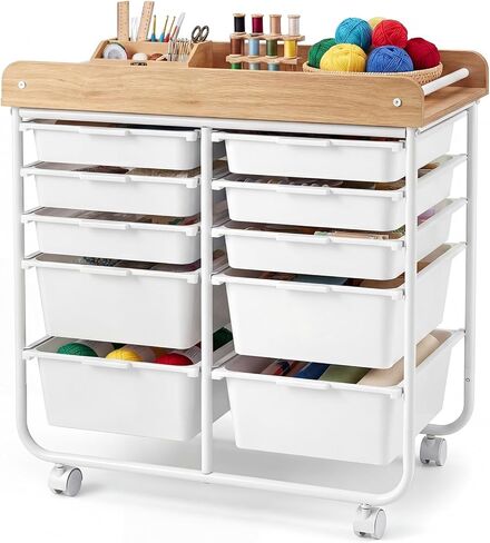 BECOMFORT 10-Drawers Rolling Utility Cart, Storage Cart on Wheels, Teacher Classroom Organizers with Wooden Tabletop & Lockable Wheels, Mobile Trolley Craft Cart for Art Paper Tools School Office in Saudi Arabia