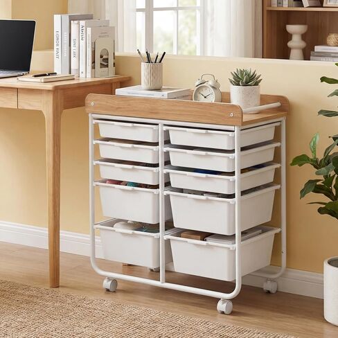 BECOMFORT 10-Drawers Rolling Utility Cart, Storage Cart on Wheels, Teacher Classroom Organizers with Wooden Tabletop & Lockable Wheels, Mobile Trolley Craft Cart for Art Paper Tools School Office in Saudi Arabia