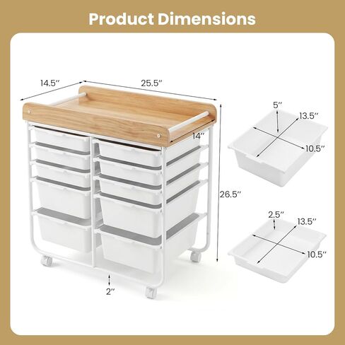 BECOMFORT 10-Drawers Rolling Utility Cart, Storage Cart on Wheels, Teacher Classroom Organizers with Wooden Tabletop & Lockable Wheels, Mobile Trolley Craft Cart for Art Paper Tools School Office in Saudi Arabia