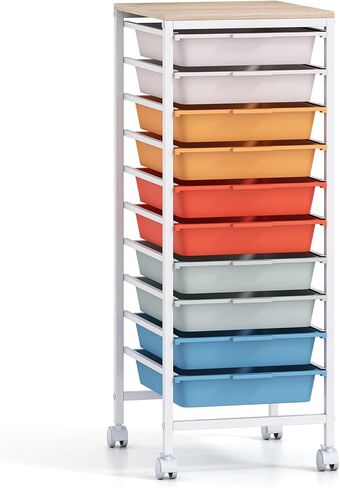 BECOMFORT 10-Drawers Rolling Utility Cart, Storage Cart on Wheels, Teacher Classroom Organizers with Wooden Tabletop & Lockable Wheels, Mobile Trolley Craft Cart for Art Paper Tools School Office in Saudi Arabia