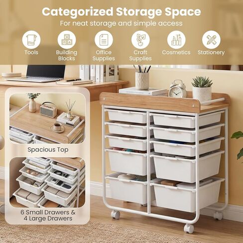 BECOMFORT 10-Drawers Rolling Utility Cart, Storage Cart on Wheels, Teacher Classroom Organizers with Wooden Tabletop & Lockable Wheels, Mobile Trolley Craft Cart for Art Paper Tools School Office in Saudi Arabia