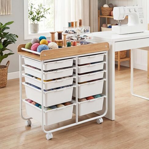 BECOMFORT 10-Drawers Rolling Utility Cart, Storage Cart on Wheels, Teacher Classroom Organizers with Wooden Tabletop & Lockable Wheels, Mobile Trolley Craft Cart for Art Paper Tools School Office in Saudi Arabia