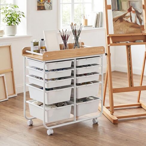 BECOMFORT 10-Drawers Rolling Utility Cart, Storage Cart on Wheels, Teacher Classroom Organizers with Wooden Tabletop & Lockable Wheels, Mobile Trolley Craft Cart for Art Paper Tools School Office in Saudi Arabia