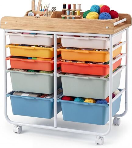BECOMFORT 10-Drawers Rolling Utility Cart, Storage Cart on Wheels, Teacher Classroom Organizers with Wooden Tabletop & Lockable Wheels, Mobile Trolley Craft Cart for Art Paper Tools School Office in Saudi Arabia