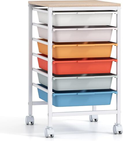 BECOMFORT 10-Drawers Rolling Utility Cart, Storage Cart on Wheels, Teacher Classroom Organizers with Wooden Tabletop & Lockable Wheels, Mobile Trolley Craft Cart for Art Paper Tools School Office in Saudi Arabia