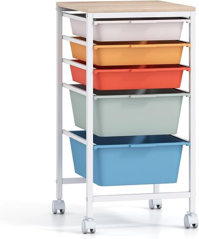 BECOMFORT 10-Drawers Rolling Utility Cart, Storage Cart on Wheels, Teacher Classroom Organizers with Wooden Tabletop & Lockable Wheels, Mobile Trolley Craft Cart for Art Paper Tools School Office in Saudi Arabia