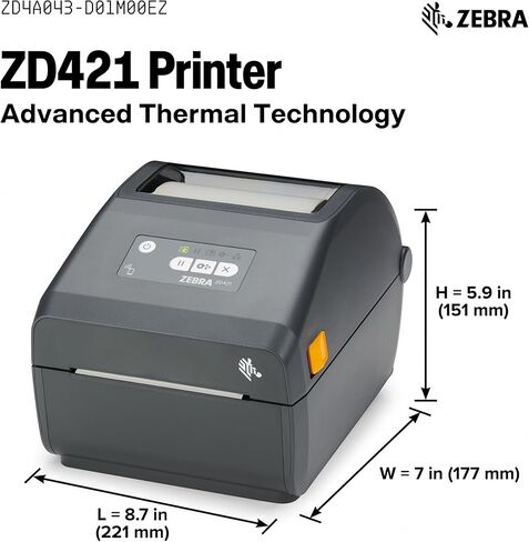 ZEBRA ZD421 طابعة سطح المكتب الحرارية المباشرة 300 نقطة في البوصة عرض الطباعة 4 بوصة اتصال USB سلكي لرقم الموديل ZD4A043-D01M00EZ، لا يلزم وجود شريط حراري in Kuwait