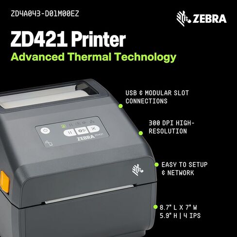 ZEBRA ZD421 طابعة سطح المكتب الحرارية المباشرة 300 نقطة في البوصة عرض الطباعة 4 بوصة اتصال USB سلكي لرقم الموديل ZD4A043-D01M00EZ، لا يلزم وجود شريط حراري in Kuwait
