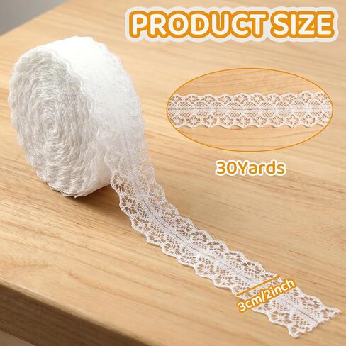 30 Yards White Lace Trim, 1.18 Inch Vintage Lace Ribbon for Sewing, Gift Wrapping, DIY Crafts, Bridal Wedding Decor, Flower, Bouquet, Dress Embellishment in Kuwait
