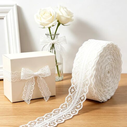 30 Yards White Lace Trim, 1.18 Inch Vintage Lace Ribbon for Sewing, Gift Wrapping, DIY Crafts, Bridal Wedding Decor, Flower, Bouquet, Dress Embellishment in Kuwait