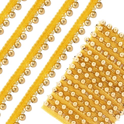 HINZIC 2.3 ياردة لؤلؤ ذهبي مطرز بأهداب، 0.5 بوصة عرض دانتيل ذهبي للخياطة باللؤلؤ الصناعي، زخارف مطرزة بأشرطة لؤلؤ الزفاف وزخارف أربطة لتزيين الحرف اليدوية للحفلات in Kuwait