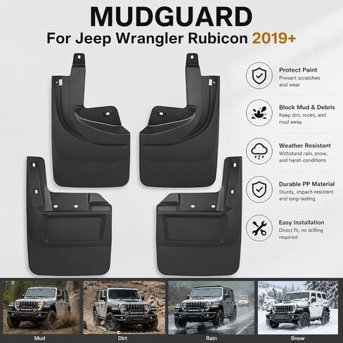 4Pcs Car Mud Flaps Splash Guard Compatible with Jeep Wrangler Rubicon 2019-2025, Heavy Duty PP Material Vehicle Tire Protector Mudflaps, No Drilling No Tape Auto Mudguard Fender in Saudi Arabia