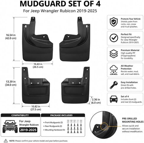 4Pcs Car Mud Flaps Splash Guard Compatible with Jeep Wrangler Rubicon 2019-2025, Heavy Duty PP Material Vehicle Tire Protector Mudflaps, No Drilling No Tape Auto Mudguard Fender in Saudi Arabia