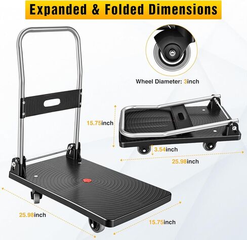 Foldable Platform Cart 220 lbs Push Dolly with 3 Inch PU Wheels PP Deck Flatbed Cart for Home Garage Office Use Black in Kuwait
