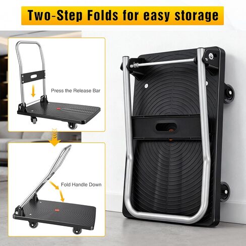 Foldable Platform Cart 220 lbs Push Dolly with 3 Inch PU Wheels PP Deck Flatbed Cart for Home Garage Office Use Black in Kuwait